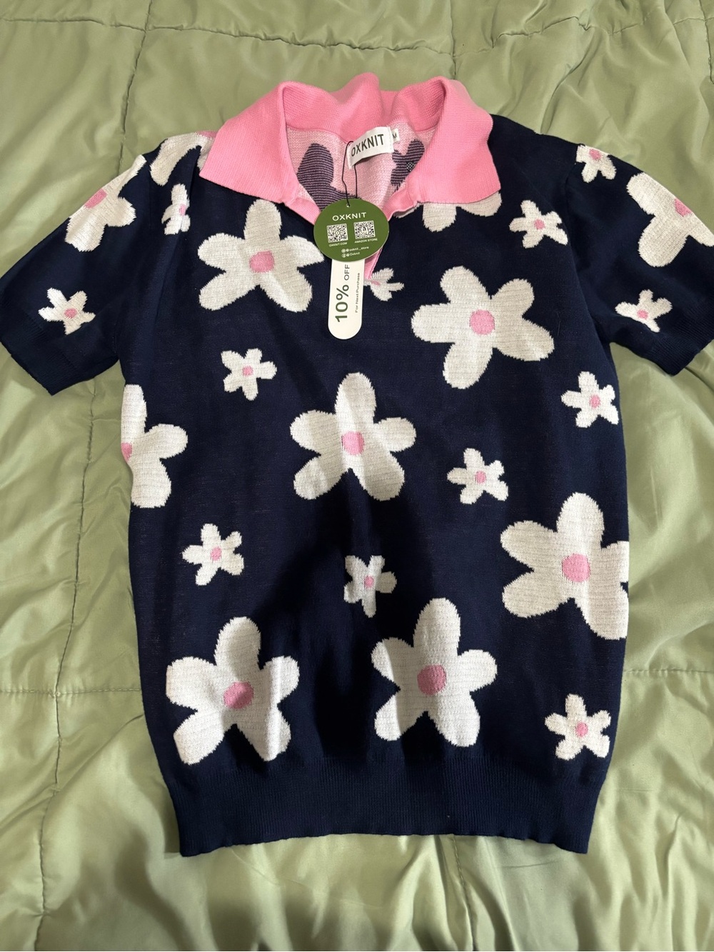 Girls' Navy Floral Polo Top with Pink Collar